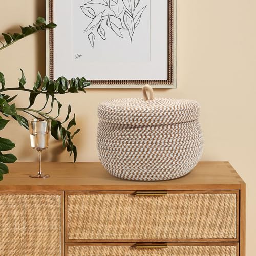 Storage Basket with Lid, 8"x6" Round Woven Blanket Storage for Living Room, Decorative Cotton Rope Hamper with Zipper Top, Wicker Basket with Lid, Floor Covered Kids Dog Toy Bin