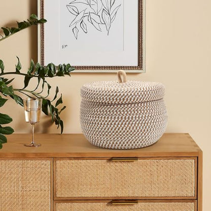Storage Basket with Lid, 8"x6" Round Woven Blanket Storage for Living Room, Decorative Cotton Rope Hamper with Zipper Top, Wicker Basket with Lid, Floor Covered Kids Dog Toy Bin