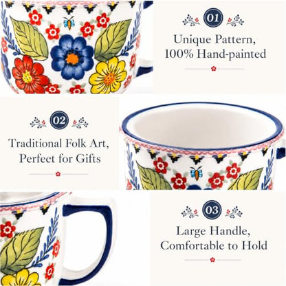 Ceramic Soup Bowl with Handle 32oz – Microwave Ramen Bowl with Lid, Hand Painted Soup Mug & Cup for Cereal, Oatmeal, Ramen, Instant Noodle, Soup Container with Lid - Polish-Inspired Folk Floral