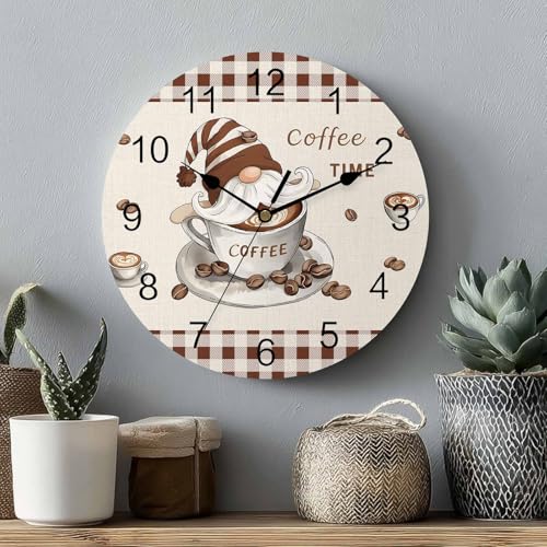 Silent PVC Wall Clock 12 Inch Round Wall Clock Gnomes Coffee Time Brown Plaid Hanging Clock for Kitchen Non Ticking Battery Operated Living Room Mute Clock - color: Coffeecbt3650, size: 12x12inch(30x30cm)