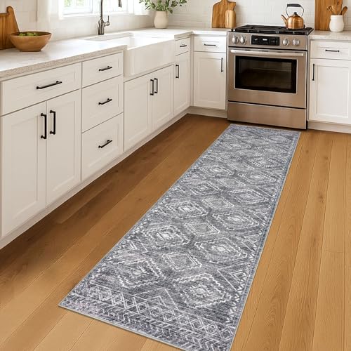 KILOCOCO Washable Runner Rug 2x7 ft Non-Slip Hallway Runners, Grey | Low-Pile Entryway Runners, Rubber Backed Runner Rug, Printed Kitchen Runner Rug, Soft Geometric Rugs for Hall Living Room - color: Grey, size: 2' x 7' (Runner)