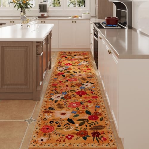 Rugcomf Runners for Hallways Kitchen Runner Rug Non Slip 2'x10' Long Washable Rugs with Rubber Backing Soft Floral Carpet Runner for Hallways, Kitchen, Laundry, Bedroom, Bathroom(Yellow) - color: Yellow Orange, size: 2' x 10' (Rectangular)