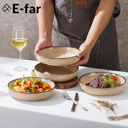 E-far Stoneware Pasta Bowls Set of 4, 35oz Double Reactive Glaze | Wide & Shallow Ceramic Pasta Plates for Serving Salad Soup Dinner, Dishwasher & Microwave Safe, Sandy Beige - color: Sandy Khaki