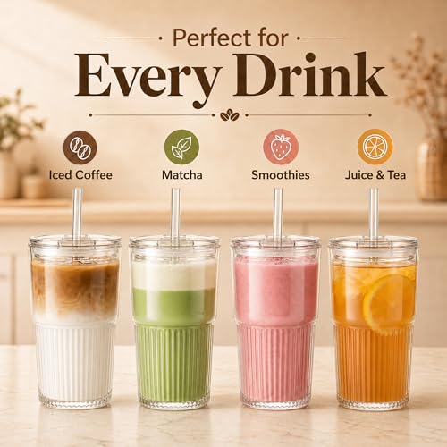 Haundry Ribbed Glass Cups with Lids and Straws (2 Pack), 16oz Iced Coffee Glass Tumbler, Leak Proof Coffee Cup To Go, Reusable Drinking Glasses for Iced Coffee, Smoothie, Juice - color: 16oz-2pcs