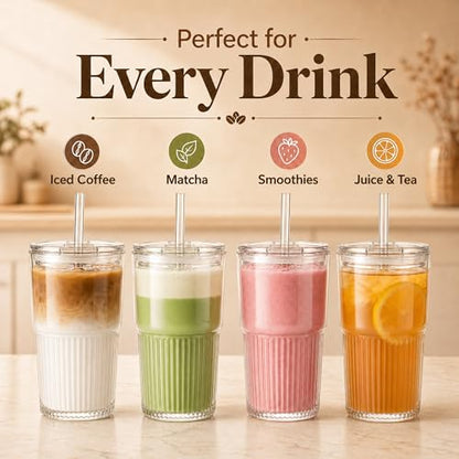 Haundry Ribbed Glass Cups with Lids and Straws (2 Pack), 16oz Iced Coffee Glass Tumbler, Leak Proof Coffee Cup To Go, Reusable Drinking Glasses for Iced Coffee, Smoothie, Juice - color: 16oz-2pcs
