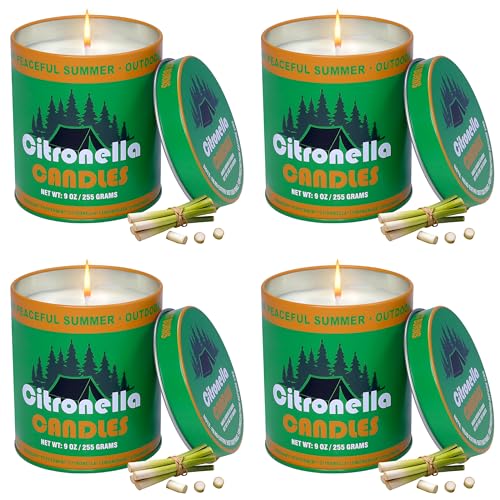 4 Pack Citronella Candles, 9oz Natural Soy Wax Scented Candles for Outdoor, Patio, Camping, and Garden, Long Lasting Portable Candles in Tin Container, Summer Party Ambiance - color: Green Outdoor