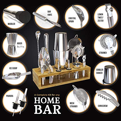 Highball & Chaser 13-Piece Boston Cocktail Shaker Set Stainless Steel Mixology Bartender Kit With Stand For Home Bar Cocktail Set | Laser Engraved Cocktail Tools | Plus E-Book with 30 Cocktail Recipes - color: Natural