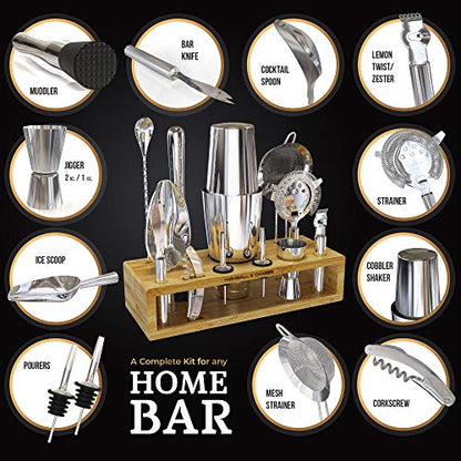 Highball & Chaser 13-Piece Boston Cocktail Shaker Set Stainless Steel Mixology Bartender Kit With Stand For Home Bar Cocktail Set | Laser Engraved Cocktail Tools | Plus E-Book with 30 Cocktail Recipes - color: Natural