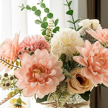 Fake Flowers with Vase,Faux Flowers in Vase for Home Decor,Silk Pink Dahlia Artificial Flowers with Vase for Coffee Table Decor,Living Room Bathroom Plant Decor, Centerpiece Table Decorations