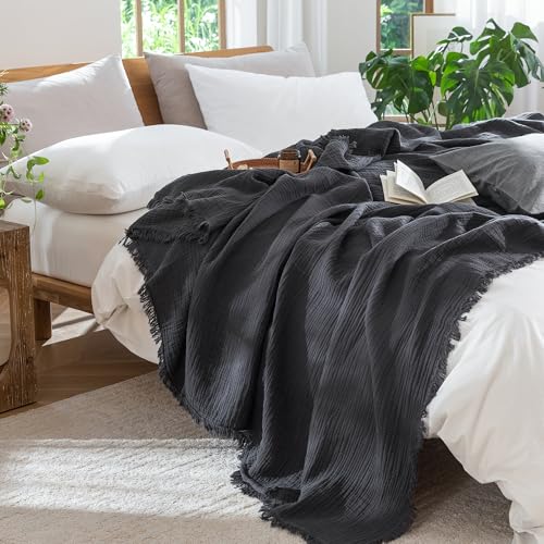 MooMee 100% Cotton Muslin Blanket, Fringed 4-Layer Gauze Bed Throw Blankets | Soft Breathable Lightweight Thin Coverlet Summer Blankets for Adults, Bed & Couch All Seasons, Dark Grey, 108" x 98" - color: Dark Grey, size: Super King
