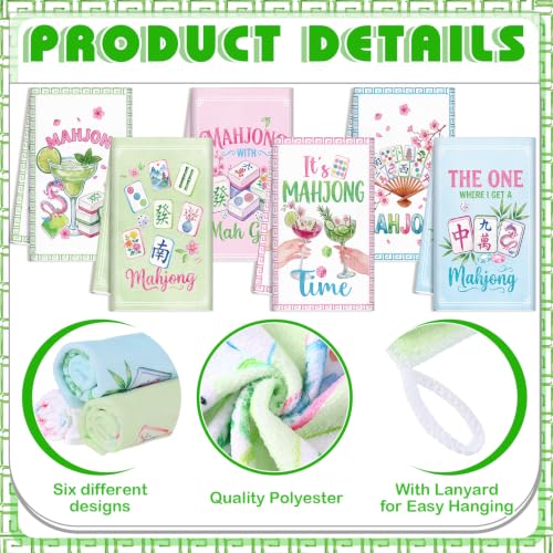 Redbaker 6 Pcs Mahjong Kitchen Towels Mahjong Gifts Bulk | Pink Blue Green Cocktail Absorbent Dish Tea Towels for Gatherings Games Bridal Showers Kitchen Housewarming Gifts, 14 x 21'' - style: Mahjong