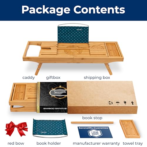 SereneLife 2 in 1 Bed and Bath Tray - Foldable Bamboo Bathtub Caddy with Adjustable Length, Non-Slip, Device Holder, Wine Glass Slot, Expandable for Comfortable Bathing, Natural, Standard, Folding Set