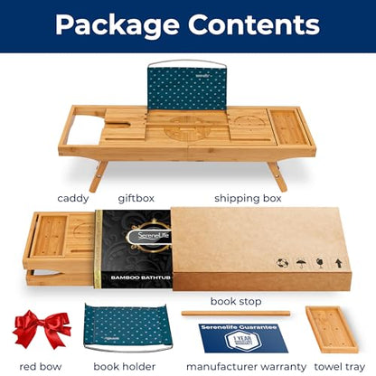 SereneLife 2 in 1 Bed and Bath Tray - Foldable Bamboo Bathtub Caddy with Adjustable Length, Non-Slip, Device Holder, Wine Glass Slot, Expandable for Comfortable Bathing, Natural, Standard, Folding Set