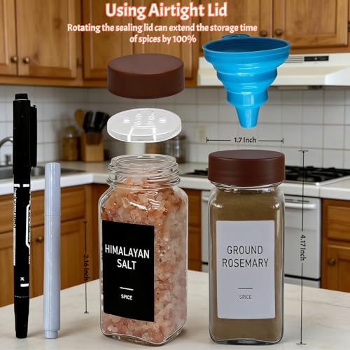 Spice Jars with Labels - 24 Glass Spice with Shaker Lids & Airtight Plastic Caps - 4oz Complete Seasoning Containers Organizer Set for Cabinet, Drawer & Rack (Brown) - color: Brown