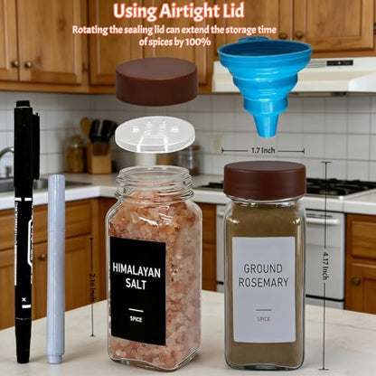 Spice Jars with Labels - 24 Glass Spice with Shaker Lids & Airtight Plastic Caps - 4oz Complete Seasoning Containers Organizer Set for Cabinet, Drawer & Rack (Brown) - color: Brown