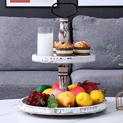 Two Tiered Tray Tier Trays Round Rustic Cupcake Stand,Serving Cakes Holder with Handles