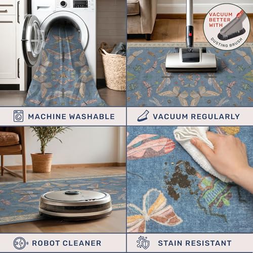 Boho Non Slip Kitchen Rug Runner - 2x5 Blue Washable Thin Rug for Bathroom, Laundry Room, Hallway, Non Slip with Rubber Backing, Insect Print Unique Runner - color: Blue, size: 2' x 5' (Runner)