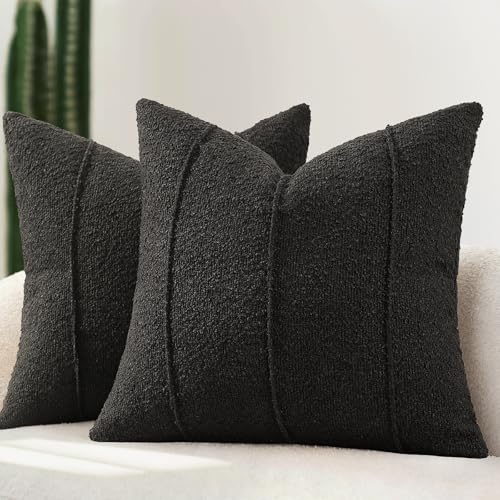 YCOLL Textured Boucle Throw Pillow Covers 20x20 Pack of 2 - Soft Neutral Striped Cushion Covers, Cozy Accent Decorative Pillow Covers for Couch, Sofa, Bed, Living Room (Black) - color: Black, size: 20" x 20" (Pack of 2)
