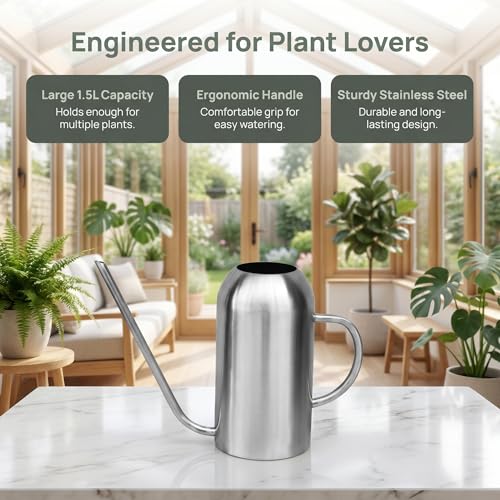 Fasmov Stainless Steel Watering Can with Long Spout Modern Style Watering Pot, 53oz/1.5L