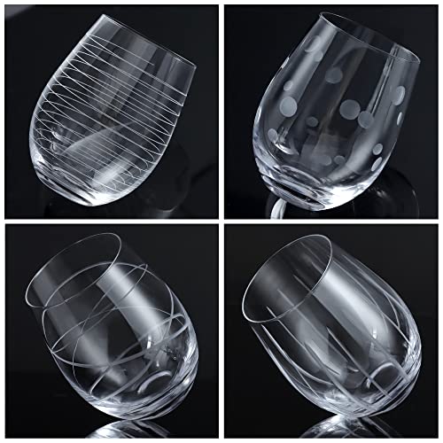Joeyan Hand Blown Etched Stemless Wine Glasses with Dots Strips Pattern for Red Wine,Large Carved Drinking Glass Cups Tumblers for Wedding Anniversary Party Home,Set of 4,17.5 oz - color: Etched Dots Swirls Strips Patterned