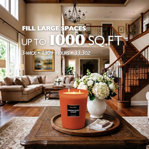 HomeLights Scented Candles - Large Jar Aromatherapy, Natural Soy Wax, 130 Hour Long Burning, Fireside Wood & Glow - color: Fireside Wood & Glow