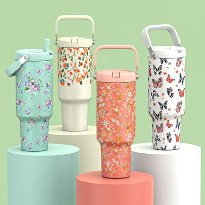 40 oz Insulated Tumbler with Top Handle and Flip Straw | Vacuum Insulated Stainless Steel Cup with Leak-Proof Lid, Sweat-Free, Fits Cup Holder, Keeps Ice Cold up to 30 Hours - color: Green Pink, size: 40 Ounces