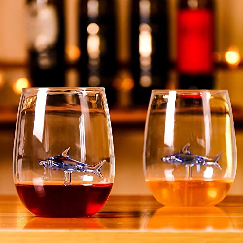 Shark Wine Glass, Personalized Stemless Crystal Shark Wine Glasses with Shark Inside (Set of 2), Fancy Cool Red Wine Cups, Unique Shark Lover Gifts for Women Party Birthday Wedding (Blue) - color: Blue