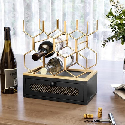 HOLTICO Countertop Wine Rack with Drawer, 8-Bottle Black & Gold Wine Holder | Black Gold Vintage Hexagon Metal Wine Holder and Bottle Rack, Vintage Small Wine Storage Racks for Tabletop, Kitchen, Bar