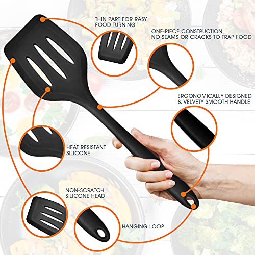 Kitchen Utensils Set, E-far 15-Piece Silicone Cooking Utensils with Holder, Non-stick Cookware Friendly & Heat Resistant, Includes Ladle Spatula Spoon Slotted Turner for Cooking & Baking (Black) - color: Black