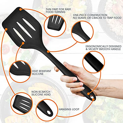 Kitchen Utensils Set, E-far 15-Piece Silicone Cooking Utensils with Holder, Non-stick Cookware Friendly & Heat Resistant, Includes Ladle Spatula Spoon Slotted Turner for Cooking & Baking (Black) - color: Black