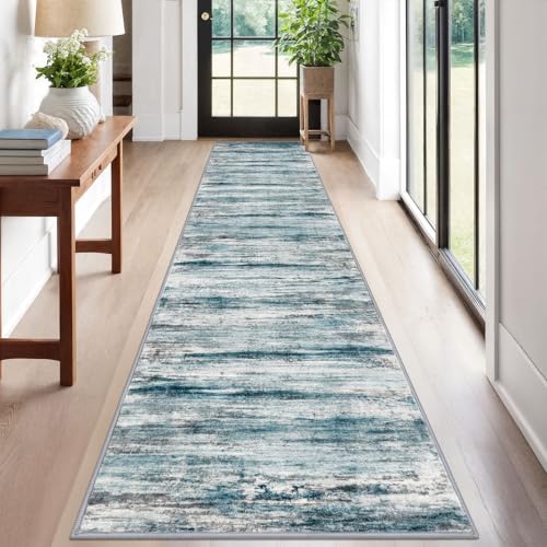 KOZYFLY Modern Abstract Hallway Runner, 2x12 Washable Rug Runner Non-Slip Soft Striped Kitchen Runner Rug, Light Blue Print Carpet for Entryway Bathroom Laundry Room Foyer - color: Blue, size: 2' x 12' (Runner)