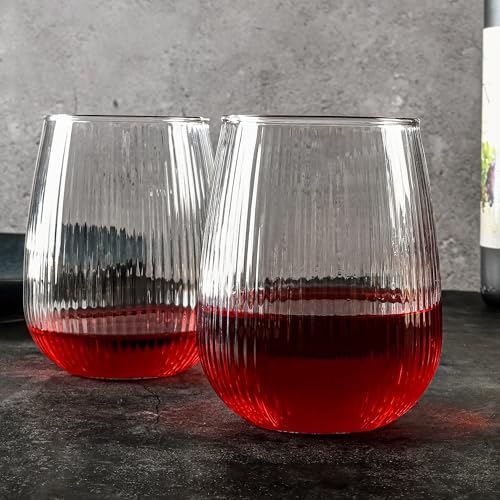 UMEIED Stemless Wine Glasses Set of 12, 17 oz Red White Wine Glasses | Clear Glassware Set for Red/White Wine Dishwasher Safe, Ideal for Daily Use Home Bar Birthdays Housewarming (Strip Texture) - color: Strip Texture