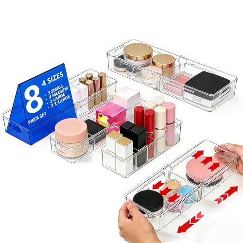 BLULEE 4-in-1 Expandable Drawer Organizer Set, Adjustable Clear Bins | with Dividers for Kitchen, Bathroom, Vanity & Office, Scalable Trays for Cosmetics, Utensils & Desk Accessories (8 Pcs) - size: 8 PCS
