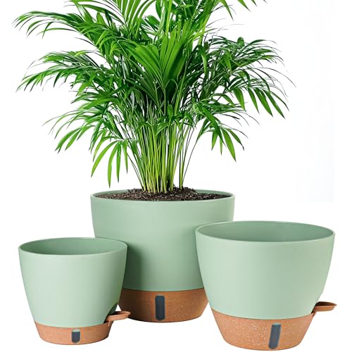 8/10/12 Inch Self Watering Pots for Indoor/Outdoor Plants | Large Plastic Planter with Drainage Holes, Water Level Indicator & Deep Reservoir, Modern Decorative Flower Pots, Green - color: Green, size: 8/10/12 Inch