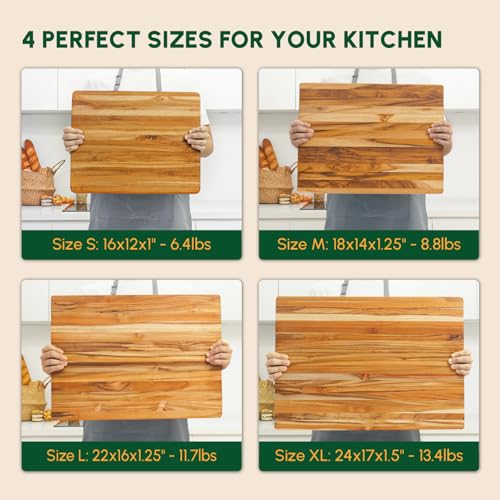 Teak Wood Cutting Board with Hand Grip (20x15x1.25", M) | Wooden cutting boards for kitchen, wood chopping board, butcher block, charcuterie board for serving. Gift box included - size: 22"L x 16"W