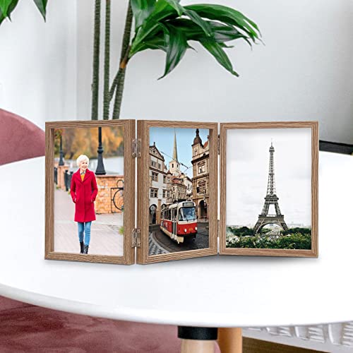 WUTL 3 Picture Frame Triple Collage 5x7 Frames with Real Glass Wood Grain | Trifold Photo Frame, Hinged Foldable, Crystal Clear Real Glass - color: Wood Grain, size: 5x7