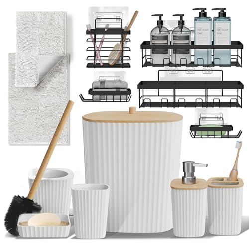 Clara Clark Bathroom Set - White Bathroom Accessories Set, 6PC Bathroom Accessory Set, Bathroom Sets with Bathroom Rugs, Adhesive Corner Shower Caddy Hanging, Toilet Brush, Trash Can & Soap Dispenser - color: White, size: Complete Set + Bath Rugs + Shower