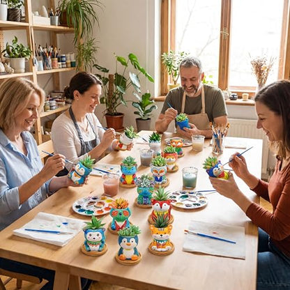 Hushee 12 Sets Ceramic Succulent Planters Paintable Succulent Plant Pots Small DIY Figurines Unpainted Pots with Drainage Hole Color Paints Paintbrushes Palettes - color: Animal