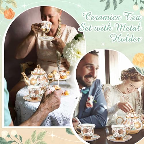Zhehao 20 Pcs Porcelain Tea Set with Metal Holder and Spoon Adult Ceramic Tea Set European Flower Painting Teapot Cup Saucer Spoon for Women Mom Gift, Large Version (Elegant Style) - color: Elegant Style