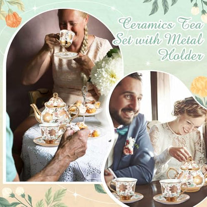 Zhehao 20 Pcs Porcelain Tea Set with Metal Holder and Spoon Adult Ceramic Tea Set European Flower Painting Teapot Cup Saucer Spoon for Women Mom Gift, Large Version (Elegant Style) - color: Elegant Style