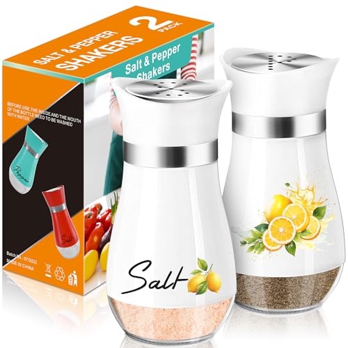 Lemon Salt and Pepper Shakers - 4 oz Glass Set with Stainless Steel Lids | Lemon Design with Glass Bottoms and Stainless Steel Lids Adds Farmhouse Charm to Kitchens and Makes Refilling Easy. - color: Lemon