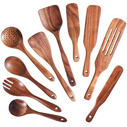 Wooden Spoons for Cooking,GUDAMAYE 10 PCS Wooden Kitchen Utensils Set,Wooden Cooking Utensils For Non-stick Pan,Teak Wood Utensils Set,Spurtles Kitchen Tools As Seen On Tv - size: 10 PCS
