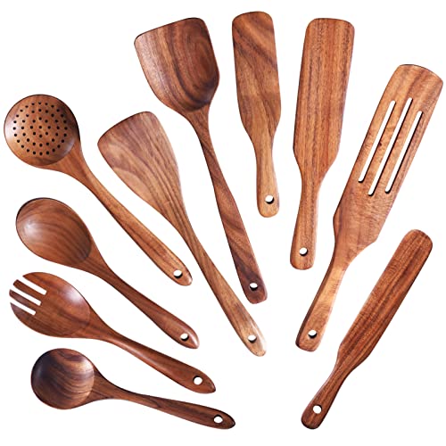 Wooden Spoons for Cooking,GUDAMAYE 10 PCS Wooden Kitchen Utensils Set,Wooden Cooking Utensils For Non-stick Pan,Teak Wood Utensils Set,Spurtles Kitchen Tools As Seen On Tv - size: 10 PCS