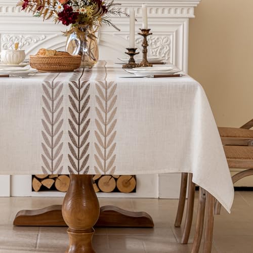 Joyfol Day Linen Tablecloths for Rectangle Table, Heavy Duty Beige Embroidery Tablecloths, Burlap Farmhouse Tablecloth, Waterproof and Wrinkle Free Table Cover, 86''x 55'' - color: Brown Wheat, size: 86" x 55" (Rectangular)