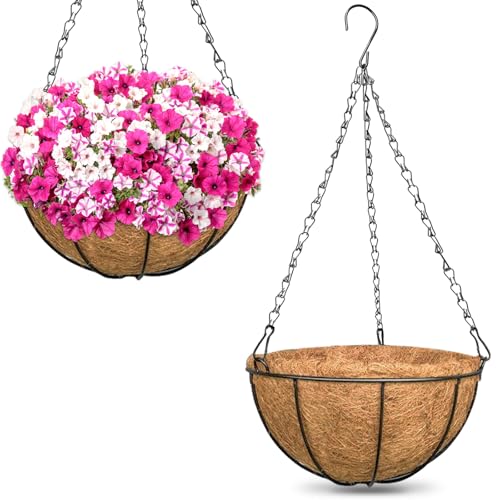 Outdoor Hanging Baskets, 2 Pack 12 Inch Metal Round Wire Hanging Planter with Coconut Liners Replacement, Hanging Flower Pots for Outdoor Plants Flowers - color: 2 Pack, size: 12 Inch