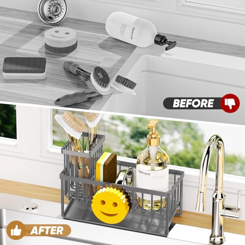 Sponge Holder for Kitchen Sink,Smiley Face Sink Caddy with Removable Brush Holder,Self-Draining Sponge Caddy for Soap,Dish Brush,Scrubber,Kitchen Essentials and Gadgets-Charcoal Gray - color: 1 Tier Charcoal Gray