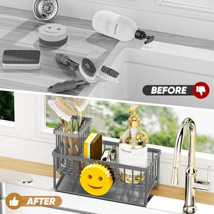 Sponge Holder for Kitchen Sink,Smiley Face Sink Caddy with Removable Brush Holder,Self-Draining Sponge Caddy for Soap,Dish Brush,Scrubber,Kitchen Essentials and Gadgets-Charcoal Gray - color: 1 Tier Charcoal Gray