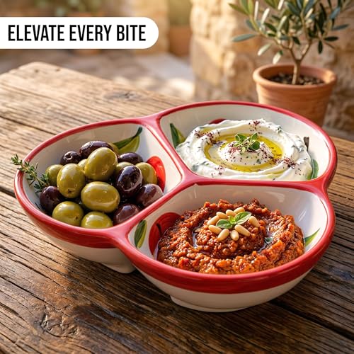 3-Compartment Ceramic Serving Dish, Handmade in Spain | 7.5” divided chip and dip bowl with lead-free glaze, microwave, oven and dishwasher safe, ideal for tapas, snacks and sauces - color: Cherry Bliss