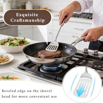 4-Piece Cooking Utensils Set, Stainless Steel Kitchen Utensils, Metal Kitchen Tools Include Solid & Slotted Turner Wok Spatula, Serving Spoon, Ergonomic Handle, Easy to Clean