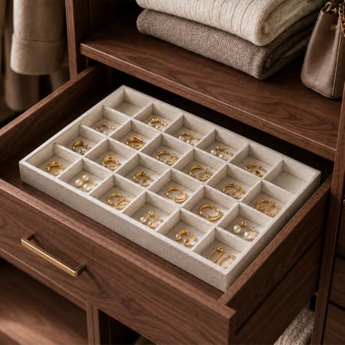 Oirlv Stackable Jewelry Tray,Linen Rings Earrings Organizer for Drawer | Solve Clutter Issues in Drawers or Jewelry Collections, Attractive,High-end and Long-lasting,Display Jewelry Professionally - size: 24 Grids